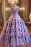 A-Line Off Shoulder Tulle Purple Long Prom Dress, Purple Long Evening Dress
