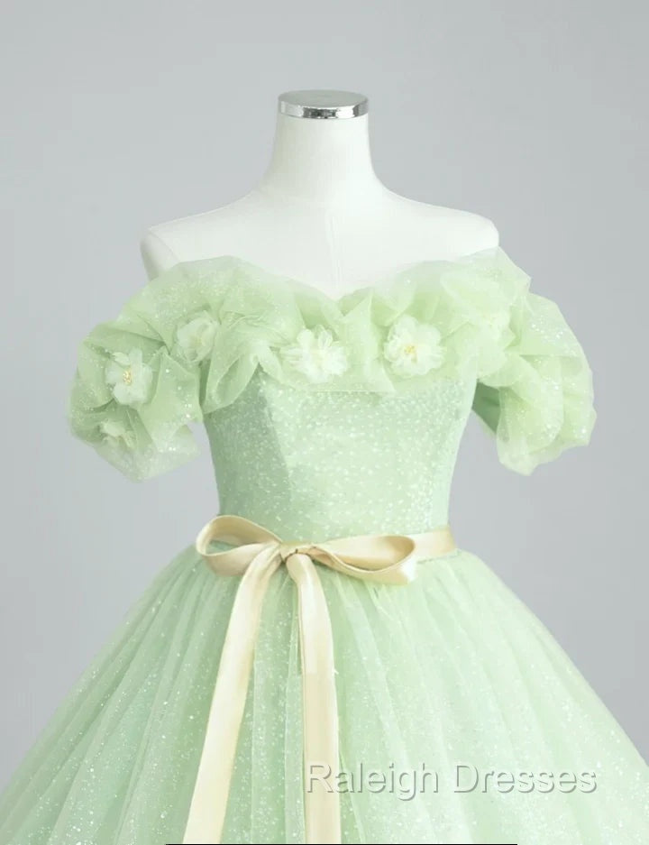 A-Line Off Shoulder Tulle Sage Green Long Prom Dresses Secondary image