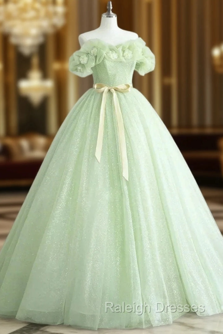A-Line Off Shoulder Tulle Sage Green Long Prom Dresses