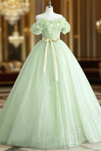 A Line Off Shoulder Tulle Sage Green Long Prom Dresses