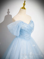 A Line Off Shoulder Tulle Sequin Blue Long Prom Dress, Blue Sweet 16 Dress