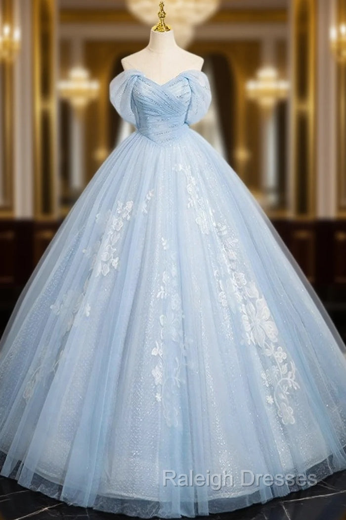 A-Line Off Shoulder Tulle Sequin Blue Long Prom Dress, Blue Sweet 16 Dress Main image