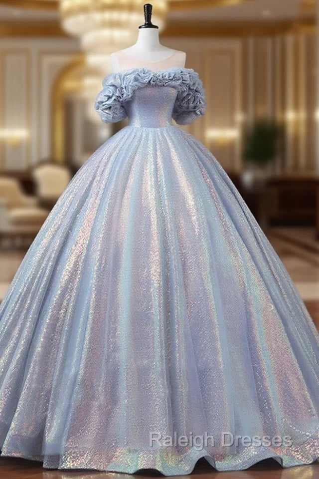A-Line Off Shoulder Tulle Sequin Blue Purple Long Prom Dress, Sequin Formal Dress Main image