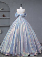 A Line Off Shoulder Tulle Sequin Blue Purple Long Prom Dresses Sequin Prom Dresses