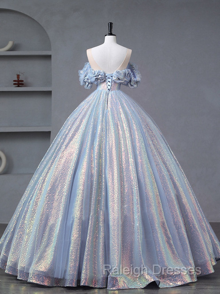 A Line Off Shoulder Tulle Sequin Blue Purple Long Prom Dresses Sequin Prom Dresses