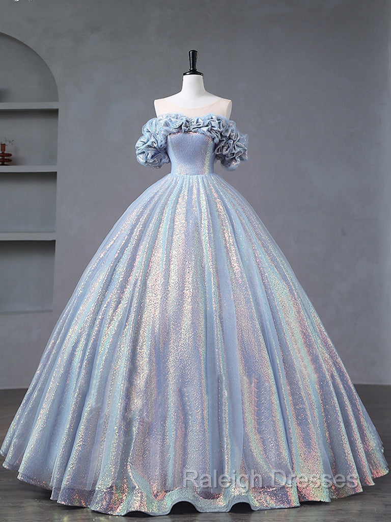 A-Line Off Shoulder Tulle Sequin Blue Purple Long Prom Dress, Sequin Formal Dress Secondary image