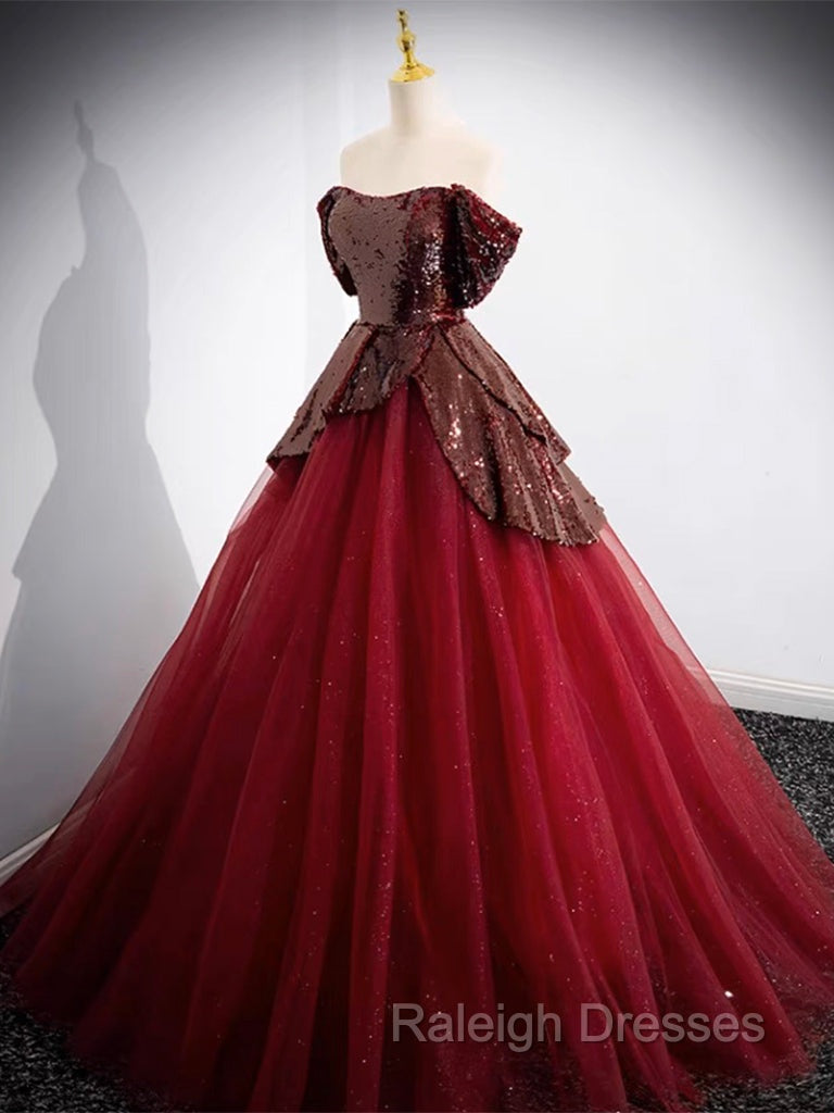 A-Line Off Shoulder Tulle Sequin Burgundy Long Prom Dress, Burgundy Evening Dress Secondary image