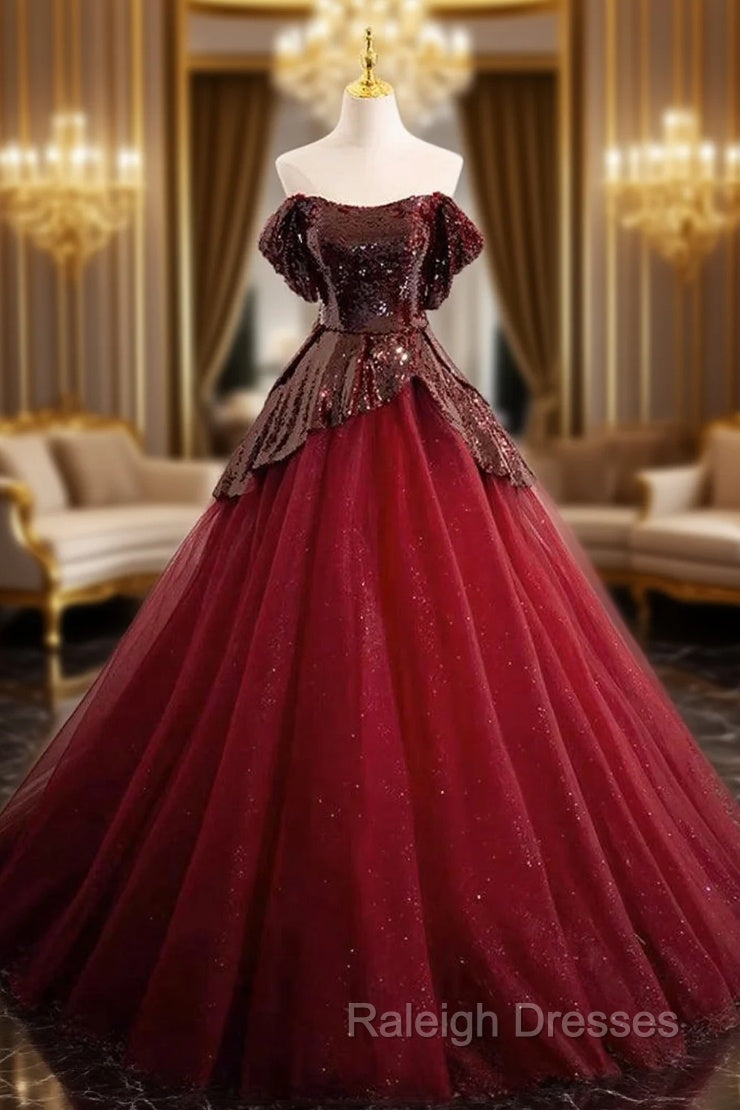 A-Line Off Shoulder Tulle Sequin Burgundy Long Prom Dress, Burgundy Evening Dress