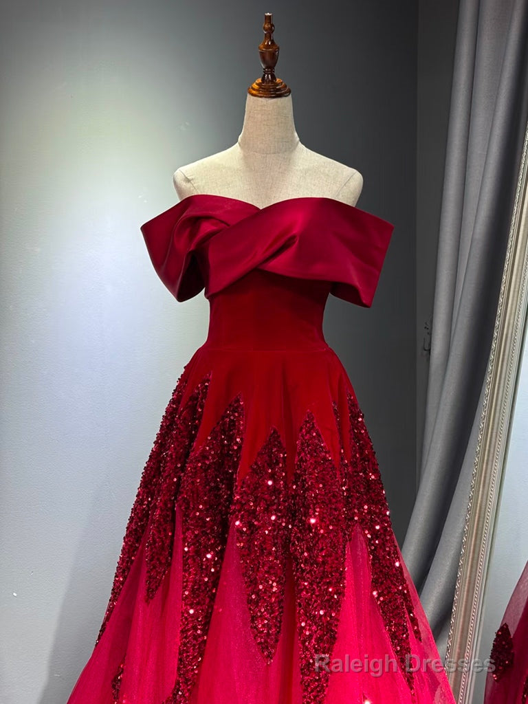 A-Line Off Shoulder Tulle Sequin Burgundy Long Prom Dress, Burgundy Formal Dress Secondary image