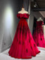 A-Line Off Shoulder Tulle Sequin Burgundy Long Prom Dress, Burgundy Formal Dress
