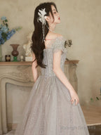 A-Line Off Shoulder Tulle Sequin Gray Long Prom Dress, Gray Formal Dress