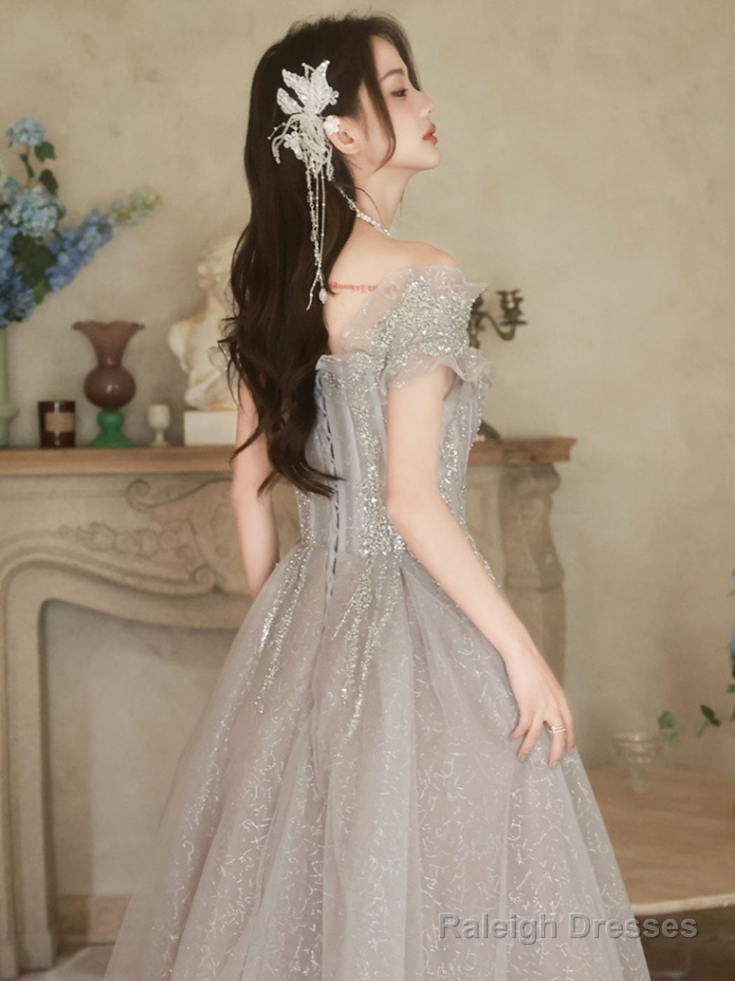 A-Line Off Shoulder Tulle Sequin Gray Long Prom Dress, Gray Formal Dress