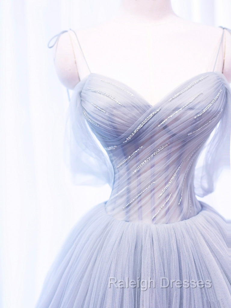 A Line Off Shoulder Tulle Sequin Gray Long Prom Dresses Gray Tulle Prom Dresses