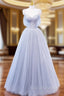 A-Line Off Shoulder Tulle Sequin Gray Long Prom Dress, Gray Tulle Formal Dress