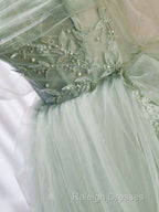 A-Line Off Shoulder Tulle Sequin Green Long Prom Dress, Green Formal Dress