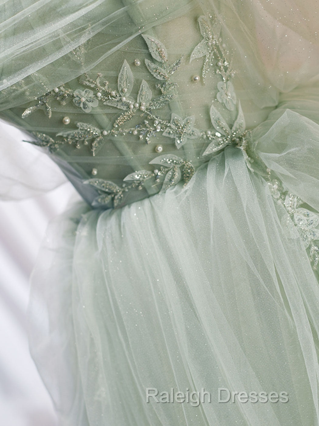 A-Line Off Shoulder Tulle Sequin Green Long Prom Dress, Green Formal Dress