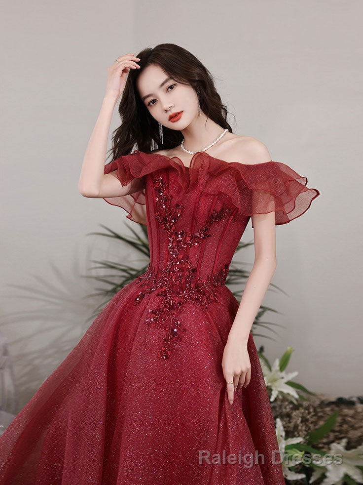 A-Line Off Shoulder Tulle Sequin Lace Burgundy Long Prom Dress, Burgundy Long Formal Dress Secondary image