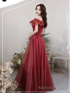 A Line Off Shoulder Tulle Sequin Lace Burgundy Long Prom Dress, Burgundy Long Formal Dress
