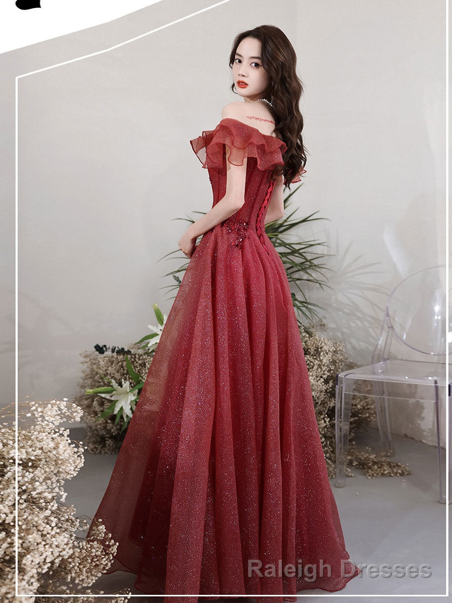 A Line Off Shoulder Tulle Sequin Lace Burgundy Long Prom Dress, Burgundy Long Formal Dress