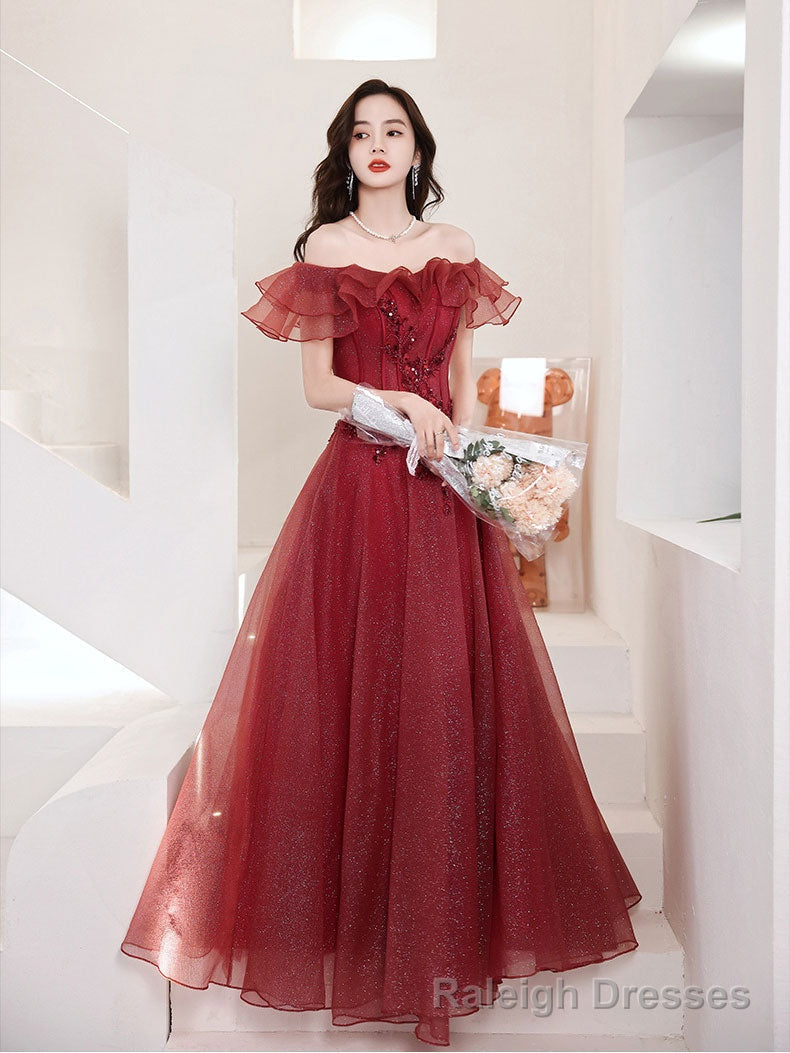 A-Line Off Shoulder Tulle Sequin Lace Burgundy Long Prom Dress, Burgundy Long Formal Dress Main image