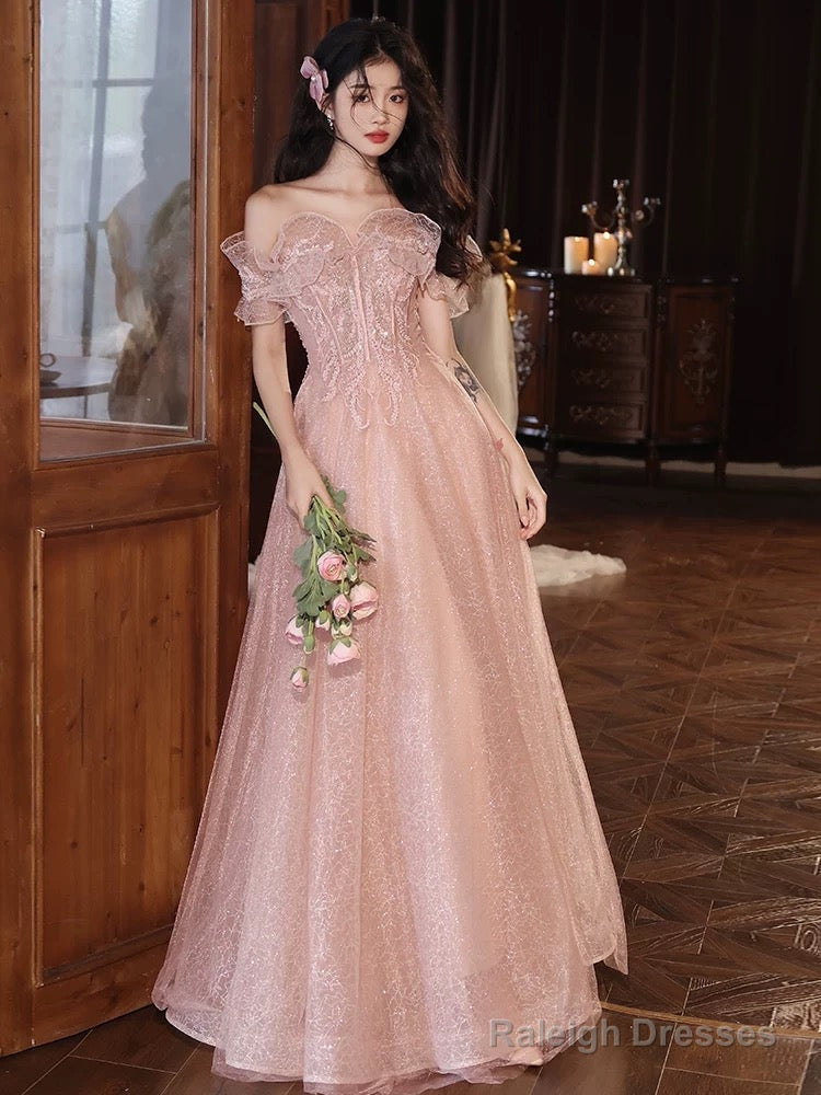 A-Line Off Shoulder Tulle Sequin Pink Long Prom Dress, Pink Long Formal Dress Main image