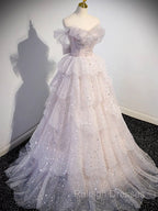 A-line Off Shoulder Tulle Sequin Light Pink Long Prom Dress,Sequin Long Evening Dress