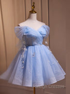 A-Line Off Shoulder Tulle Short Blue Prom Dress, Cute Blue Homecoming Dress