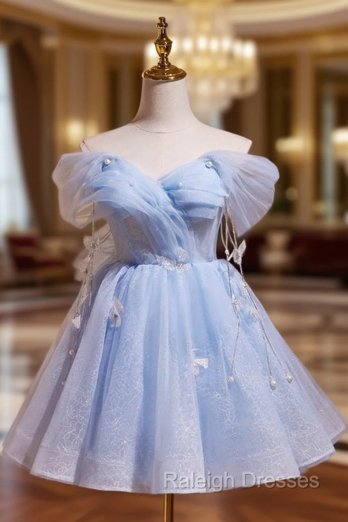 A-Line Off Shoulder Tulle Short Blue Prom Dress, Cute Blue Homecoming Dress Main image