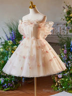 A-Line Off Shoulder Tulle Short Champagne Prom Dresses Cute Homecoming Dresses