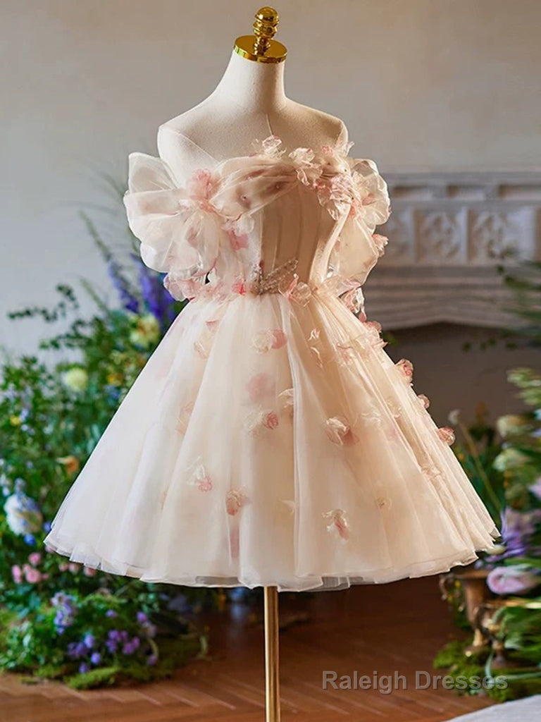 A-Line Off Shoulder Tulle Short Champagne Prom Dresses Cute Homecoming Dresses