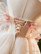 A-Line Off Shoulder Tulle Short Champagne Prom Dresses Cute Homecoming Dresses