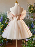 A-Line Off Shoulder Tulle Short Champagne Prom Dresses Cute Homecoming Dresses