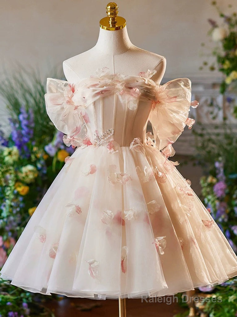 A-Line Off Shoulder Tulle Short Champagne Prom Dress, Cute Homecoming Dress Main image