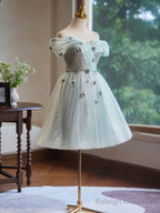 A-Line Off Shoulder Tulle Short Prom Dress, Green Homecoming Dress