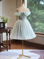 A-Line Off Shoulder Tulle Short Prom Dresses Green Homecoming Dresses
