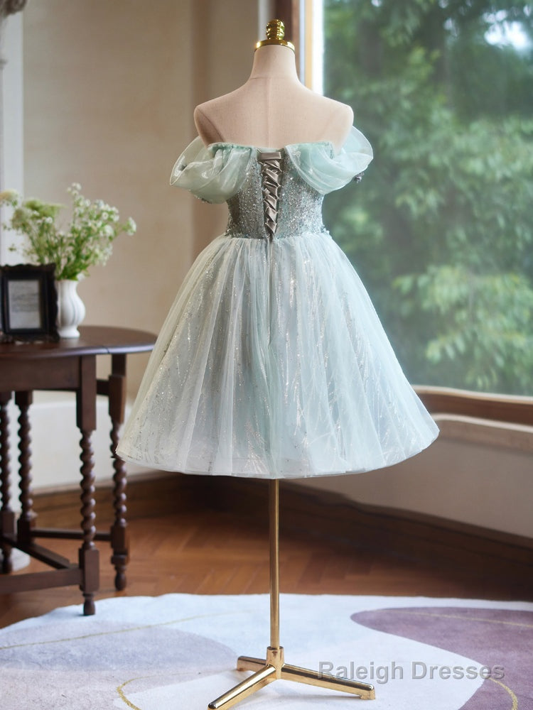 A-Line Off Shoulder Tulle Short Prom Dresses Green Homecoming Dresses