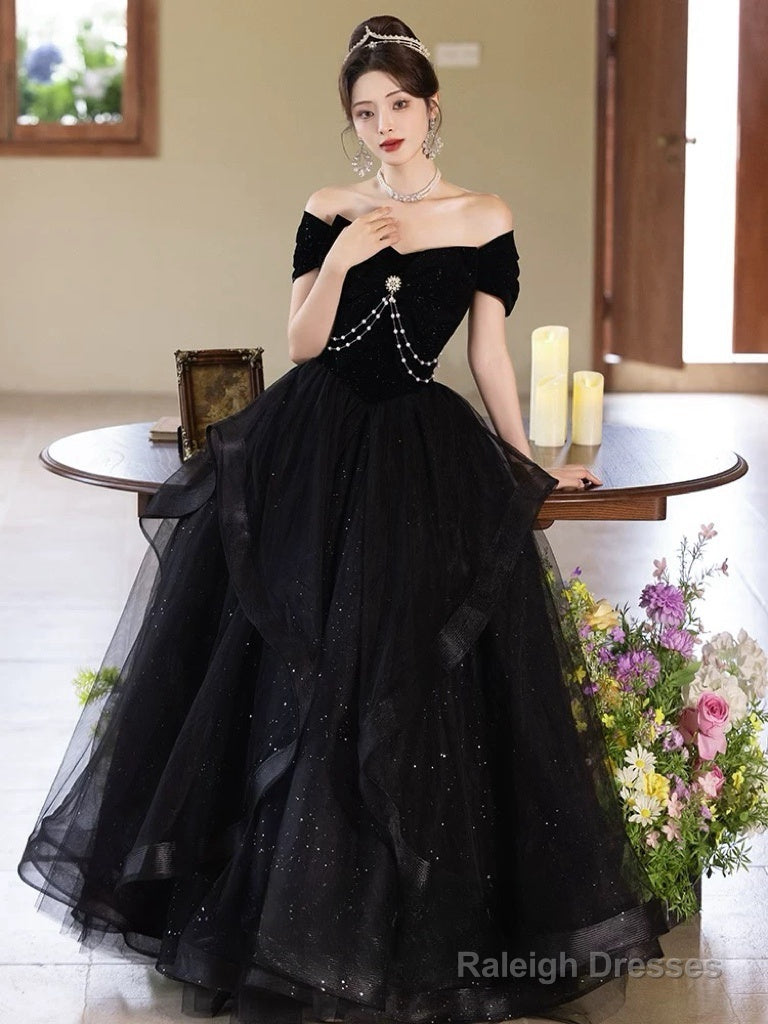 A-Line Off Shoulder Tulle Velvet Black Long Prom Dress, Black Evening Dress Secondary image
