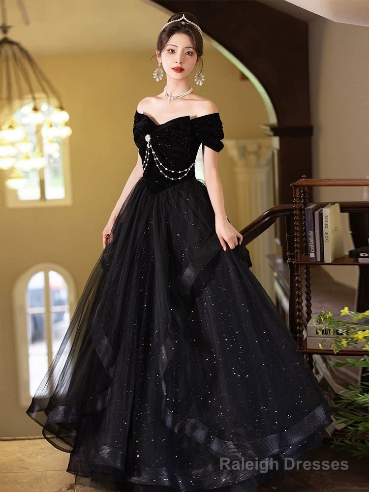 A-Line Off Shoulder Tulle Velvet Black Long Prom Dress, Black Evening Dress Main image