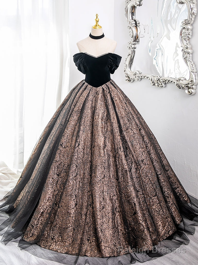 A-Line Off Shoulder Tulle Velvet Black Long Prom Dress, Black Long Formal Dress