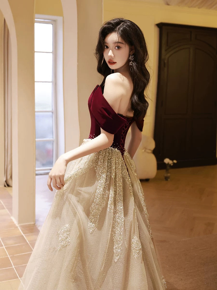 A-Line Off Shoulder Tulle Velvet Floor Length Champagne Formal Prom Dress With Sequin Secondary image