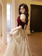 A-Line Off Shoulder Tulle Velvet Floor Length Champagne Formal Prom Dress With Sequin