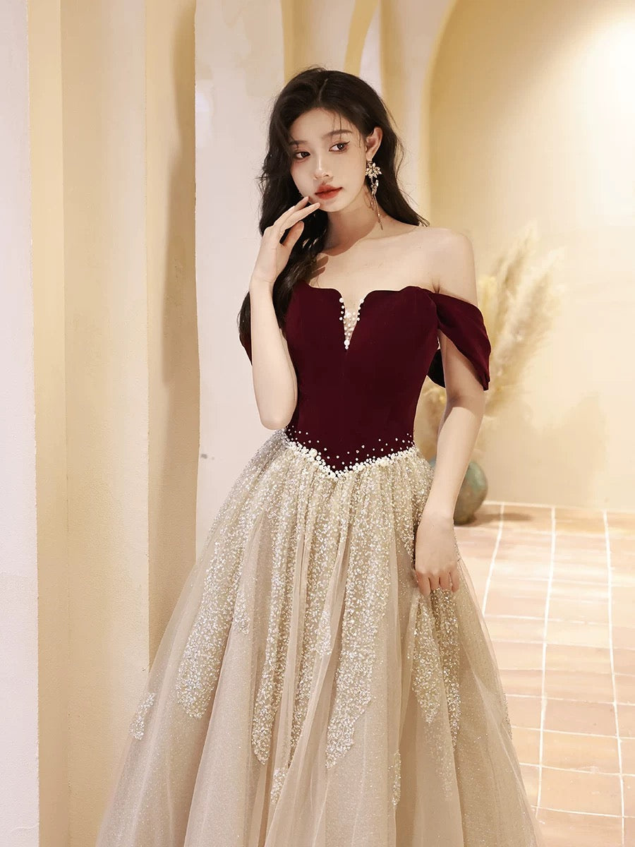 A-Line Off Shoulder Tulle Velvet Floor Length Champagne Formal Prom Dress With Sequin