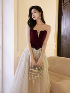 A-Line Off Shoulder Tulle Velvet Floor Length Champagne Formal Prom Dress With Sequin