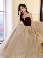 A-Line Off Shoulder Tulle Velvet Floor Length Champagne Formal Prom Dress With Sequin