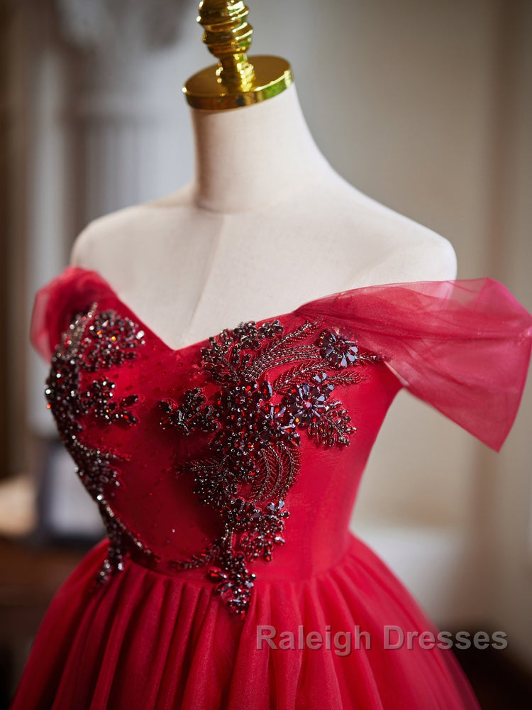 A-Line Off Shoulder V Neck Tulle Burgundy Short Prom Dresses With Beads Secondary image