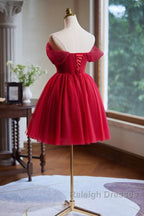 A-Line Off Shoulder V Neck Tulle Burgundy Short Prom Dress With Beads