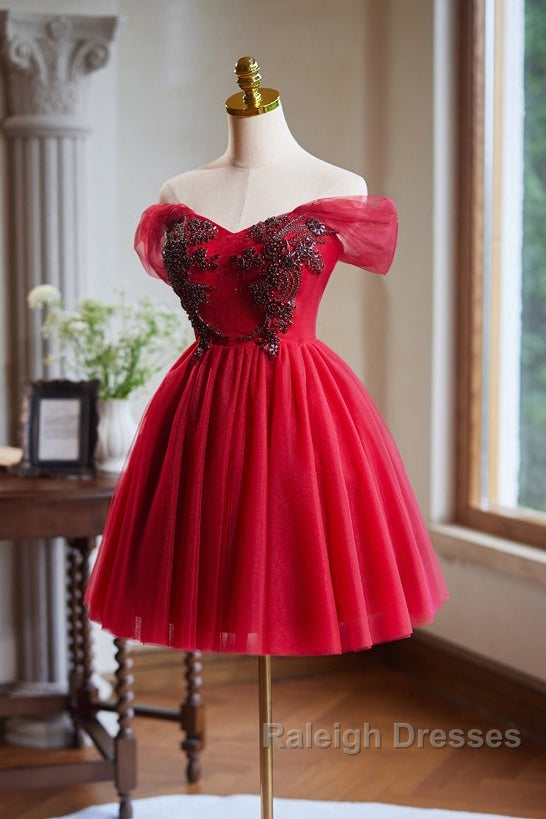 A-Line Off Shoulder V Neck Tulle Burgundy Short Prom Dress With Beads