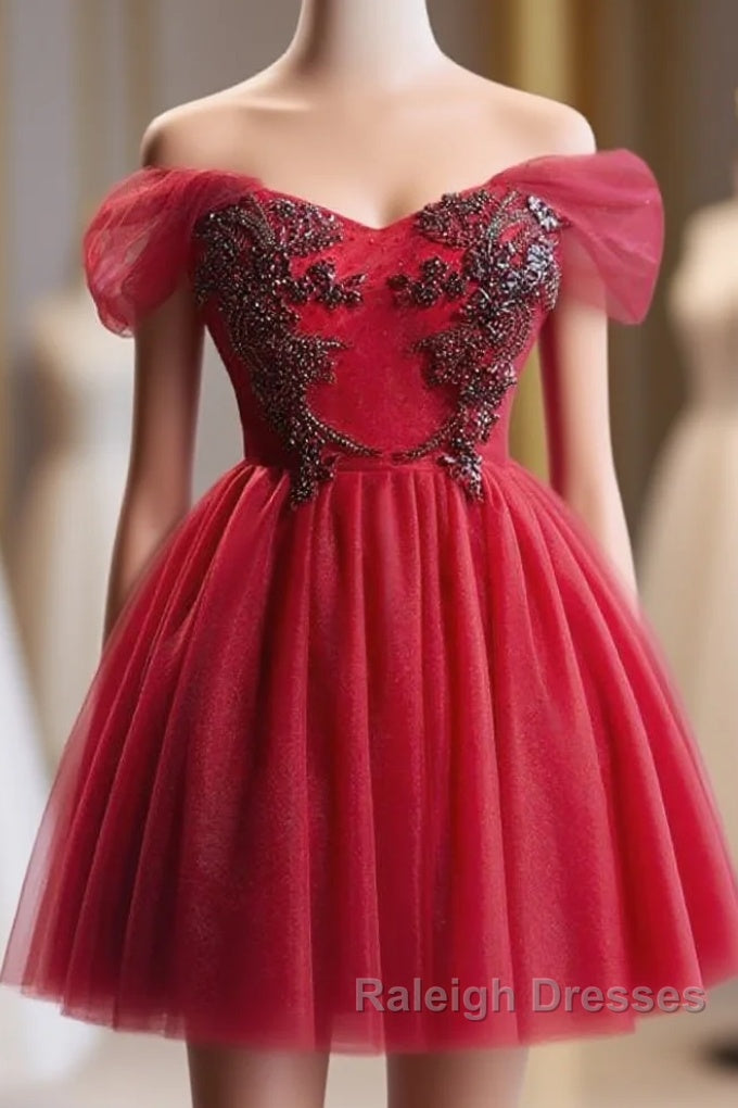 A-Line Off Shoulder V Neck Tulle Burgundy Short Prom Dresses With Beads Main image