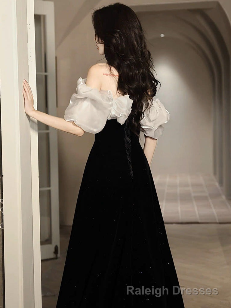 A Line Off Shoulder Velvet Black Long Prom Dress, Black Long Prom Dress