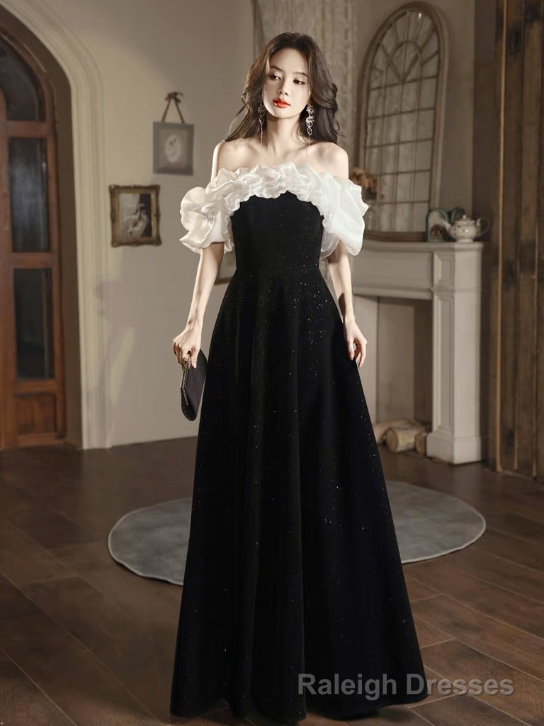 A Line Off Shoulder Velvet Black Long Prom Dress, Black Long Prom Dress Main image